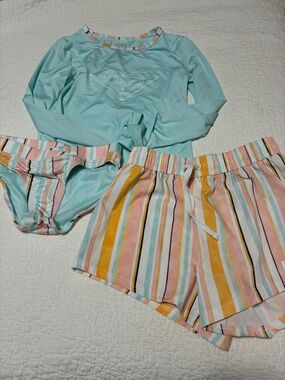 Roxy Aqua Long-Sleeve Rash Guard with Pastel Stripe Shorts & Bikini Bottoms